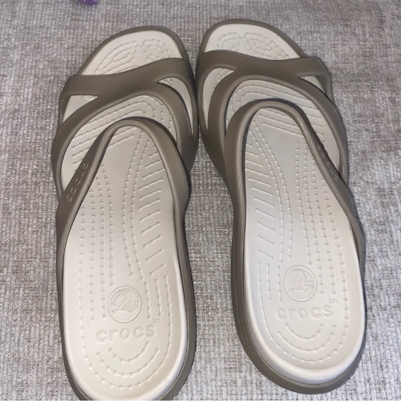 CROCS Women's Two-Strap Beige/Taupe Slide Sandals - Picture 2 of 4